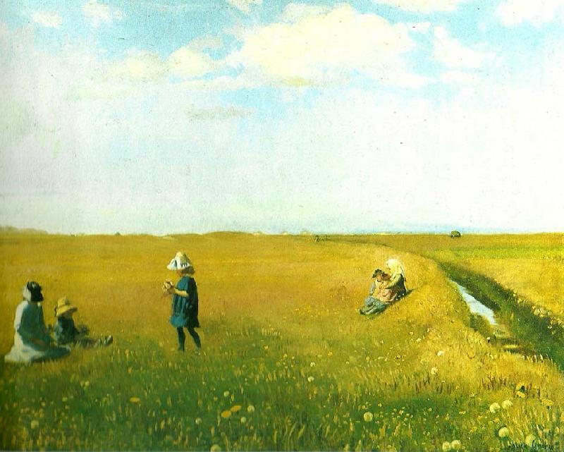 Michael Ancher born og unge piger plukker blomster pa mark nord for skagen Norge oil painting art